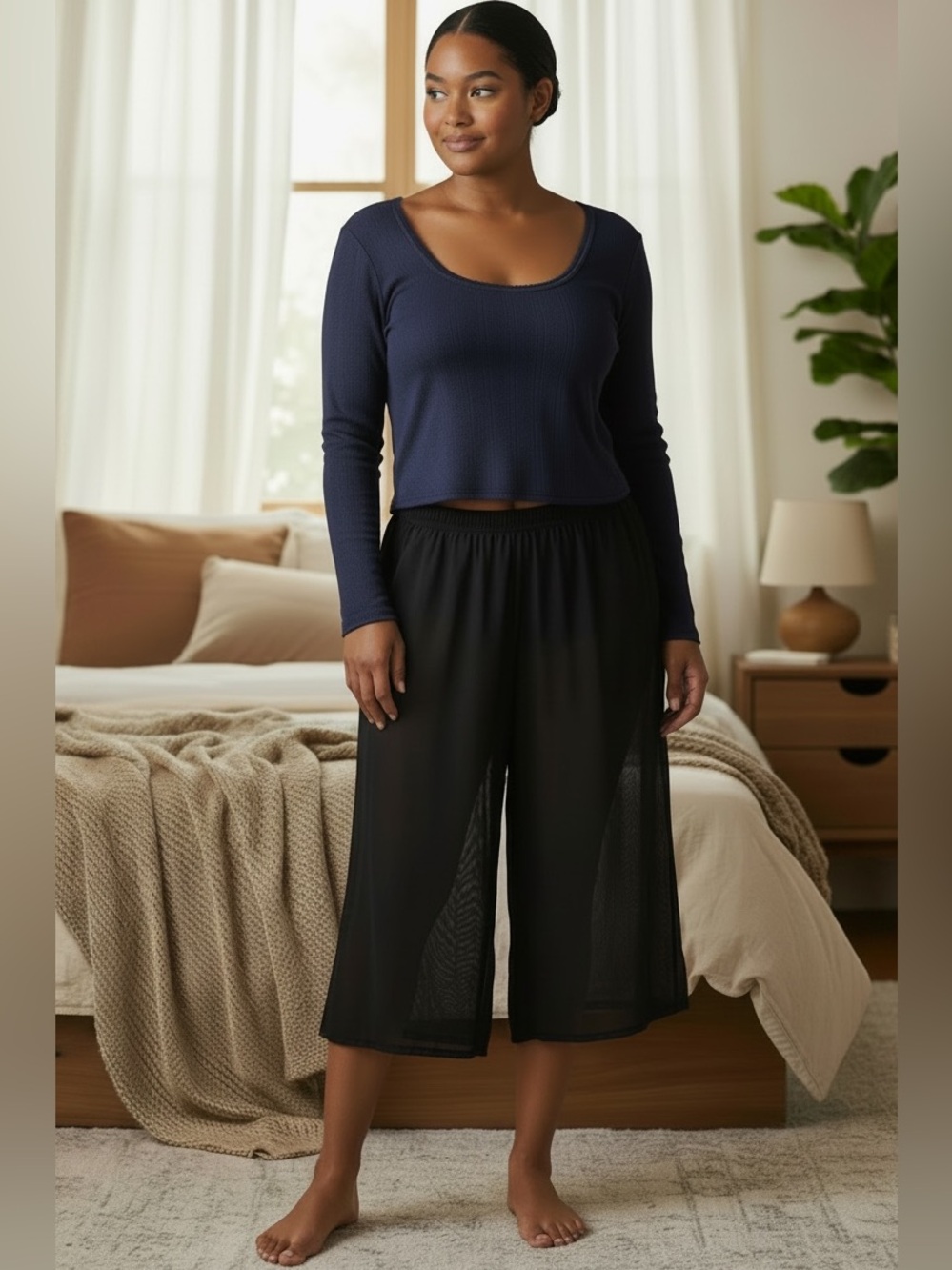 Savage X Fenty Navy Blue Long Sleeve Crop Sleep Top Size XL